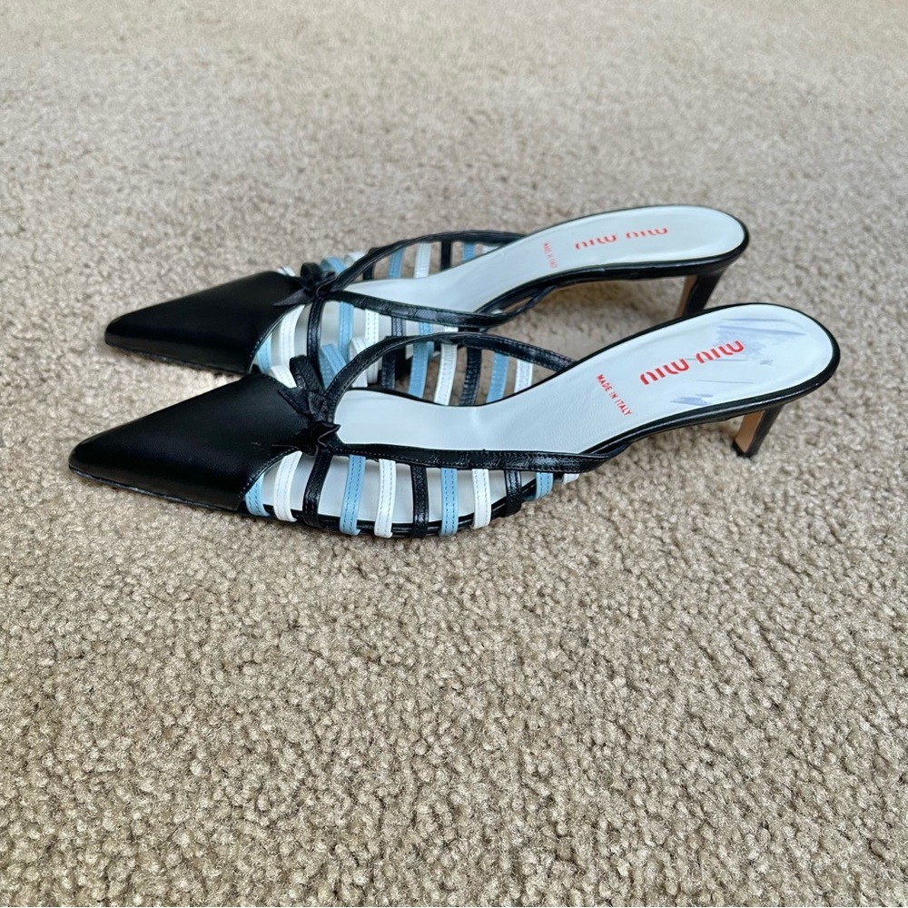 Miu Miu Blue/Black Leather Low Heeled Slides Sz 37 - image 4